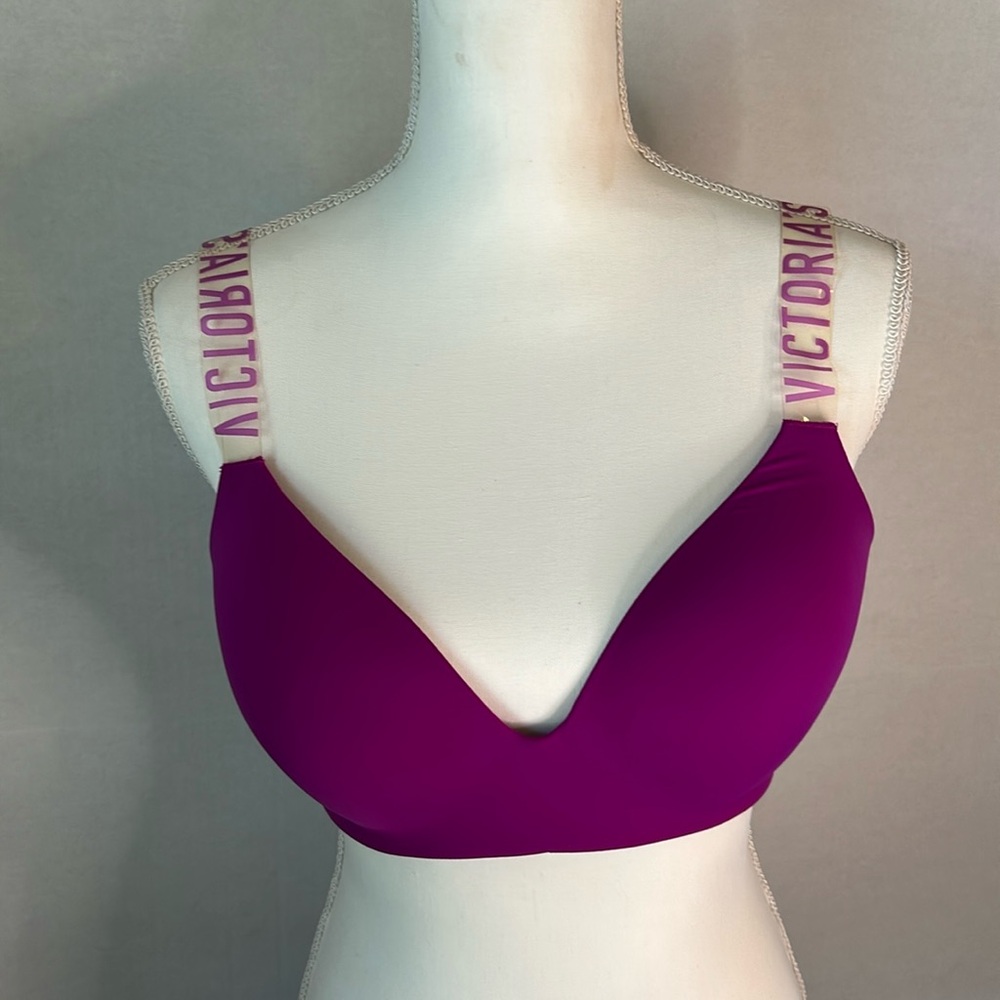 Victoria Secret Lightly Lined Wireless T-shirt Clear Logo Strap Magenta Bra 38C